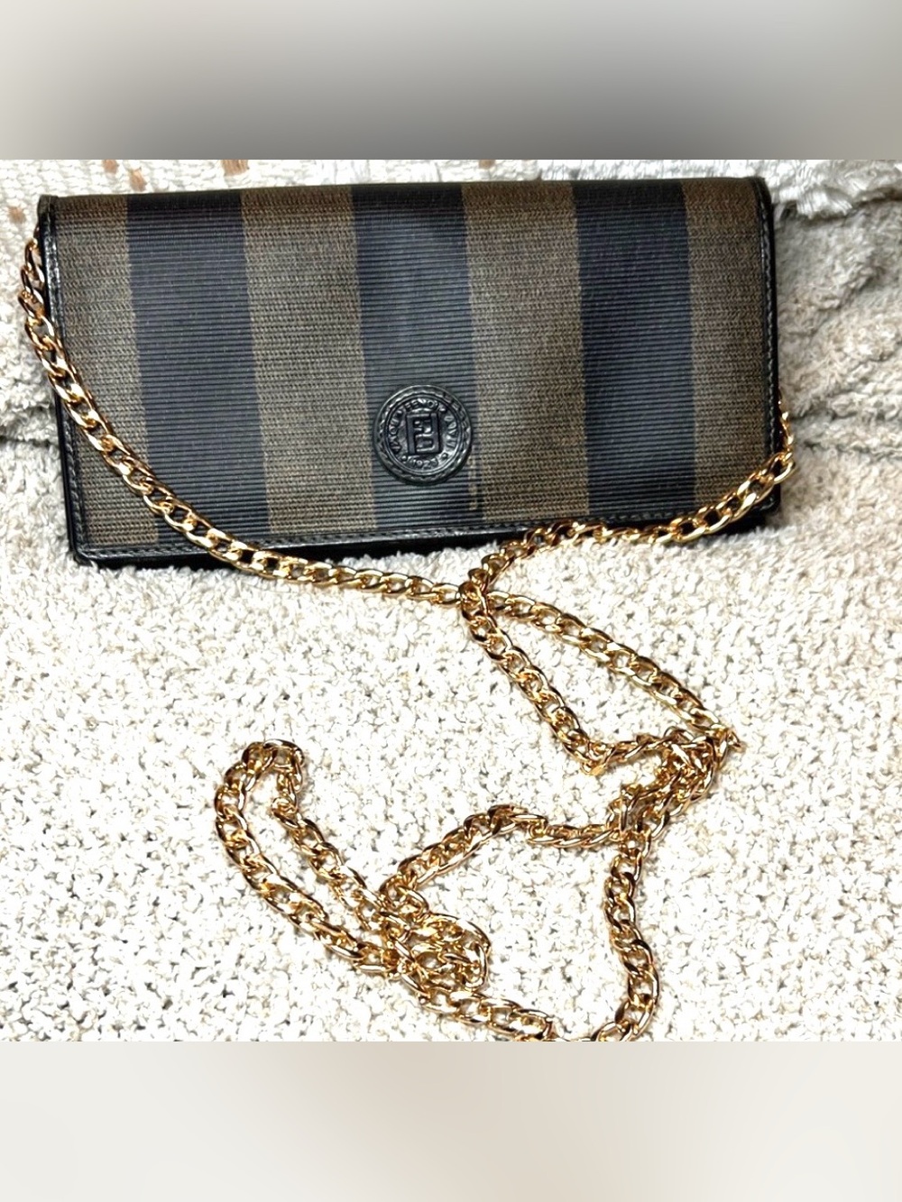 FENDI Black and Taupe Striped Wallet with
Removable Gold Tone Chain Vintage